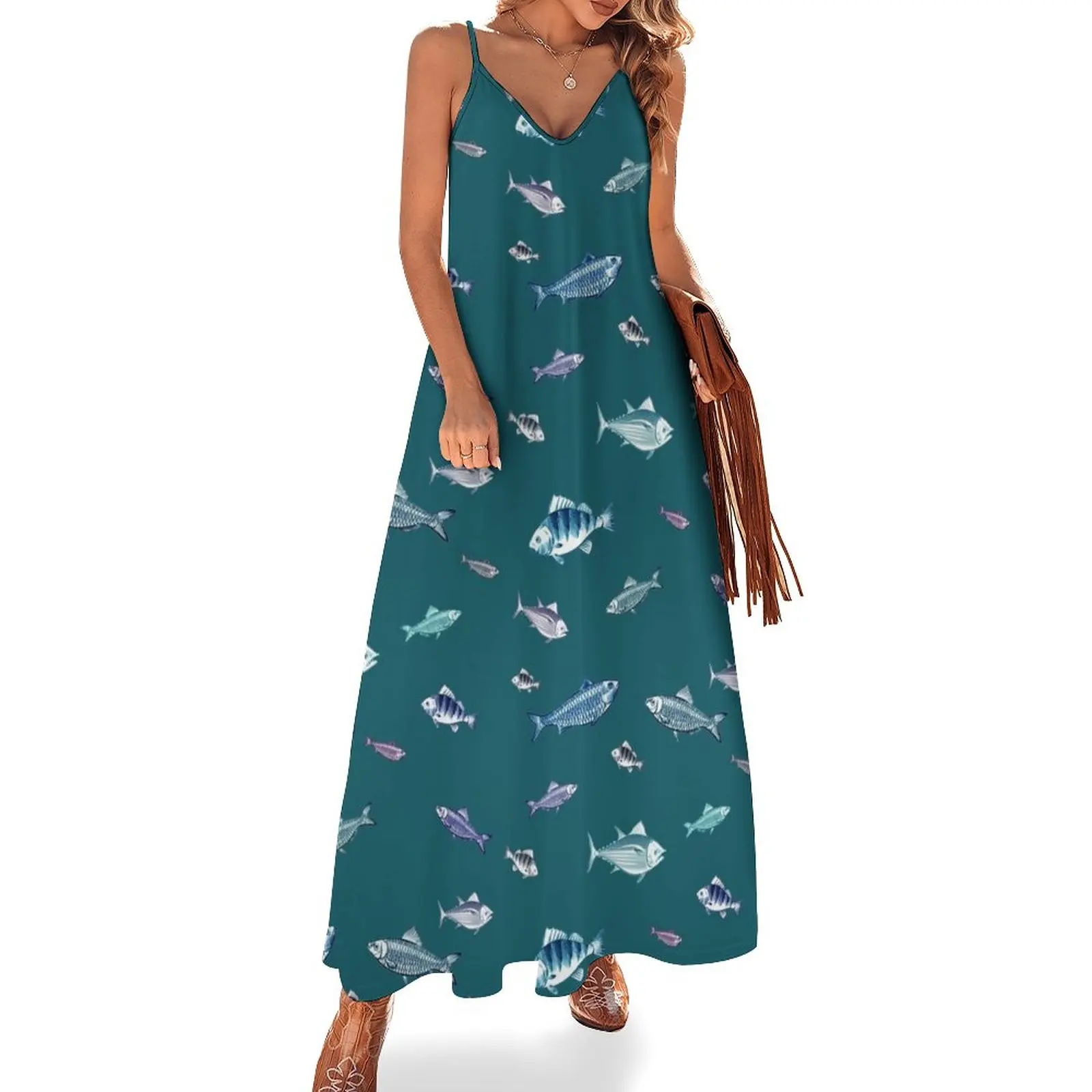 

fish pattern Sleeveless Dress cute dress Woman's evening dress Women's summer long Evening gown