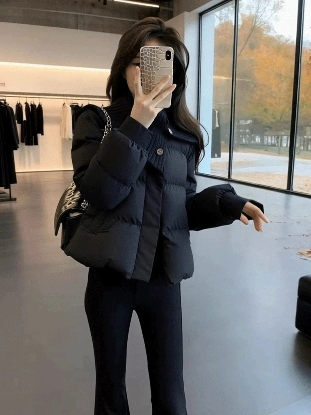 Stylish Black Short Cotton Jacket Thick Warm Winter Coat Korean Style Small Size Filled Commute Friendly Pure Color Design