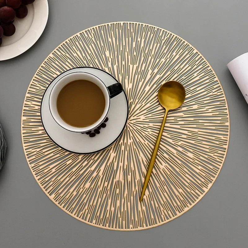 Round Placemats Gold Metallic Placemats PVC Decoration Easy Clean Wipeable Non-Slip Stain Heat Resistant Table Place Mats