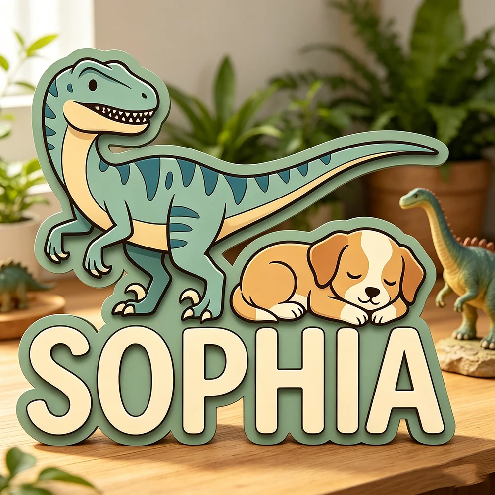 placa-de-nome-personalizada-com-raptor-e-cachorrinho-dormindo-para-o-bebe-mais-querido-decoracao-fofa-de-dinossauro-e-cachorro-em-madeira-para-quarto-infantil