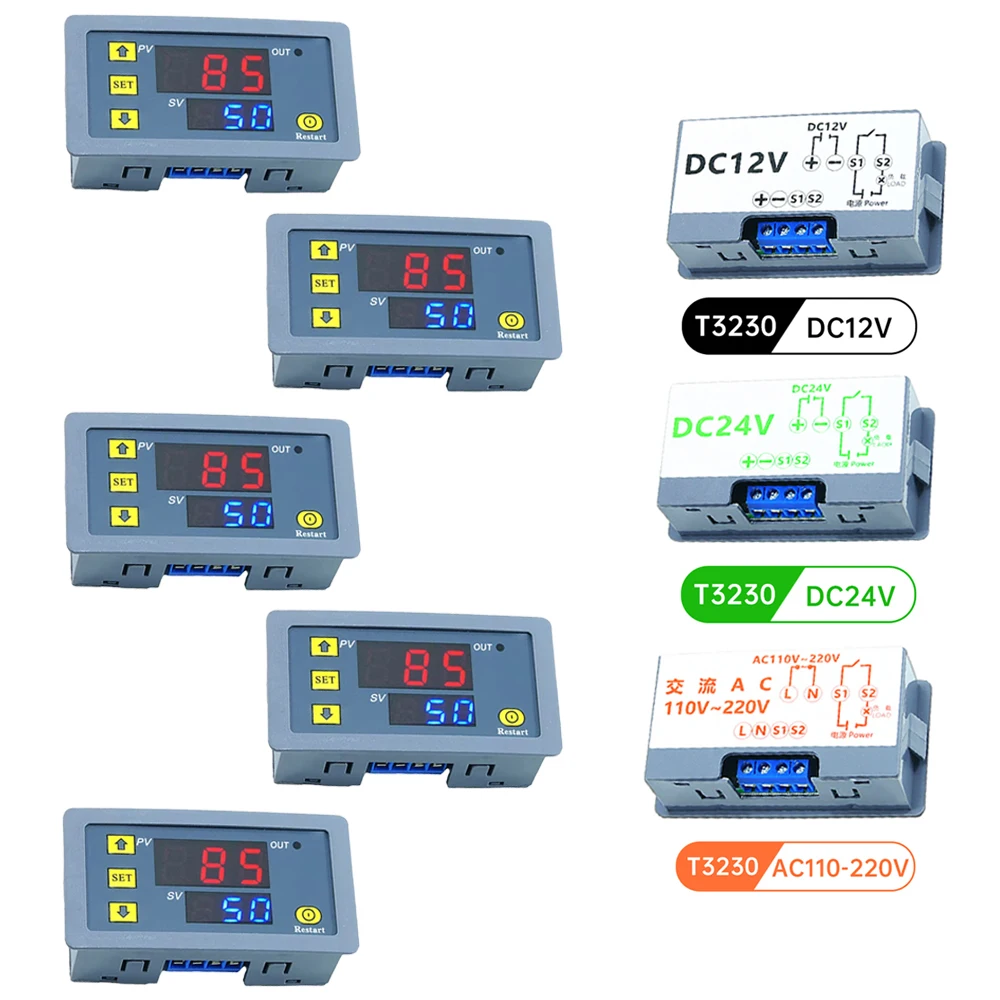 

DC12V/24V AC110-220V Cycle Timing Delay Relay Module Dual LED Red and Blue Display 0s-999h T3230 Power ON OFF Delay Timer Relay