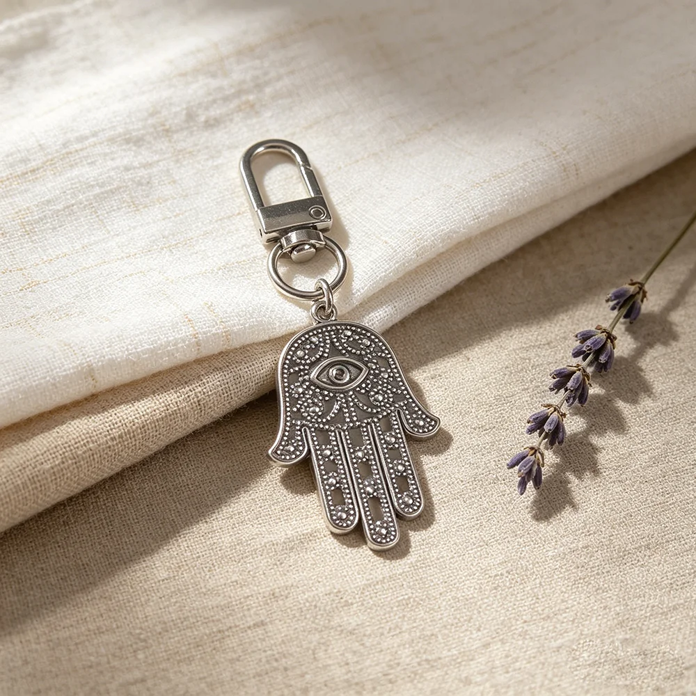 Vintage Hamsa-Hand Schlüsselanhänger mit Bösem Auge, Versilberter Fatima-Hand-Anhänger für Tasche & Auto, Glücksbringer Geschenk – Detail 4