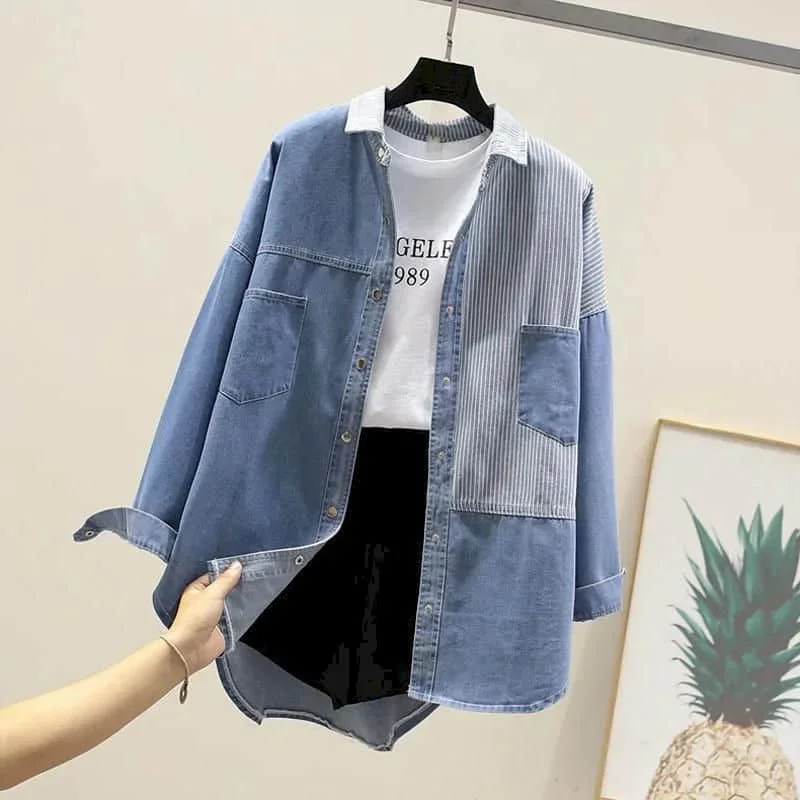 

Рубашки женские с воротником поло в корейском стиле, блузка большого размера, джинсовая лоскутная блузка из двух предметов с длинными рукавами, повседневные свободные женские топы