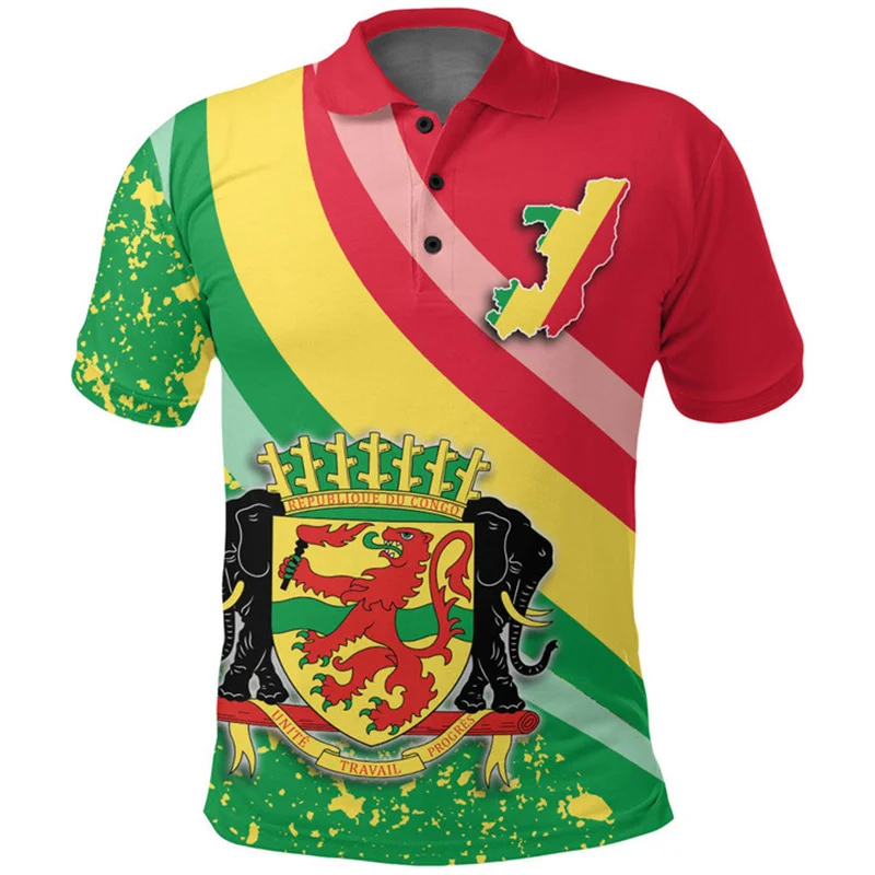 Harajuku 3D Printing Republic-of The Congo Map Polo Shirt Congo Coat Of Arms Graphic Polo Shirts Men Fashion Streetwear Clothing