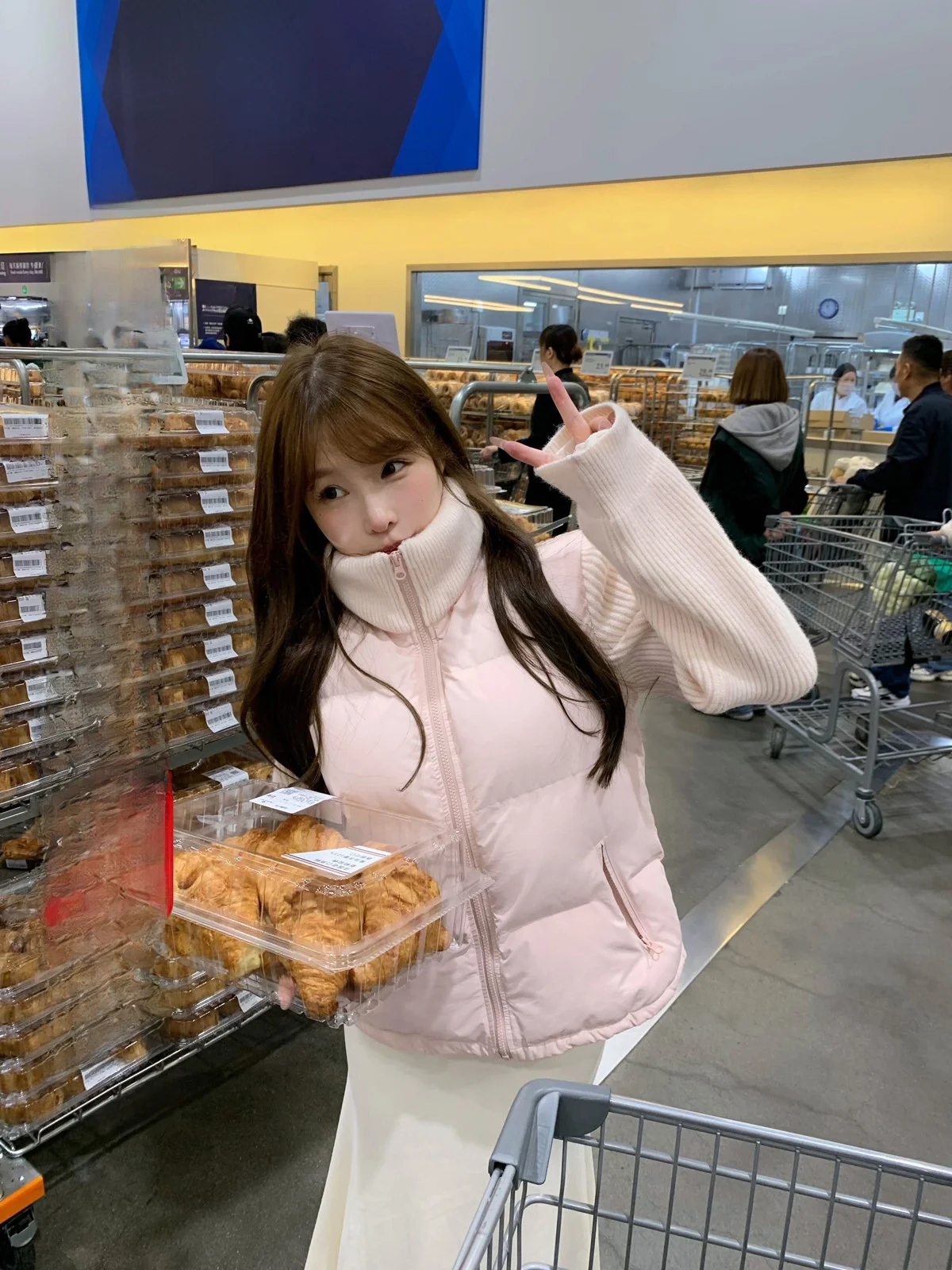 

Lukira Women's down Cotton Jaet Knitted Splicing Bread Sle Winter Outerwear Sweet College Sle Zipper Closure Long Sve