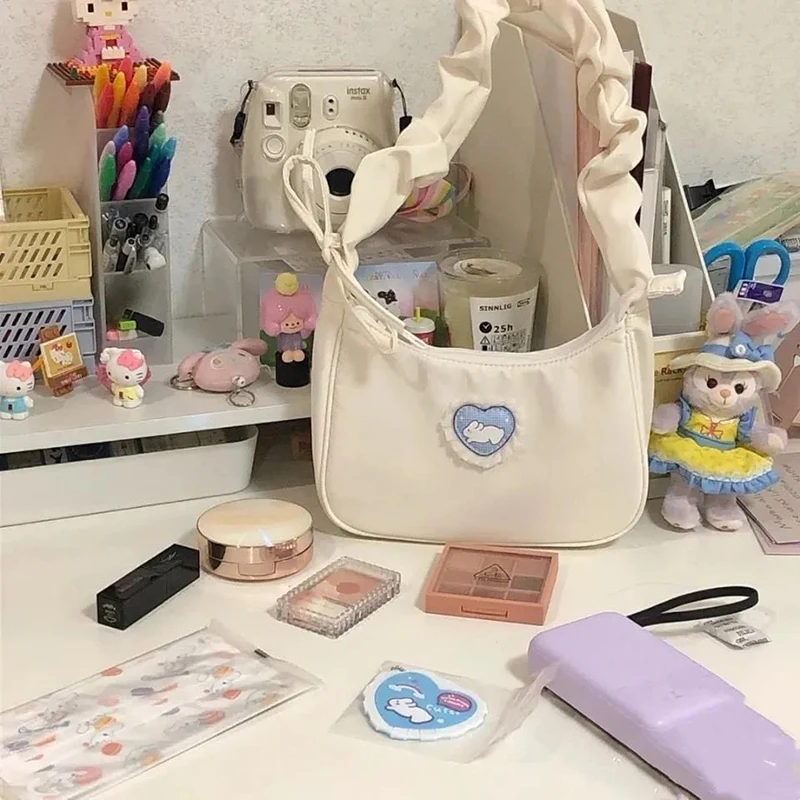 Women Fashion Folds Shoulder Bag Korean style Girl Cute Love Heart Rabbit Shopping Bag Tote Handbag image 3