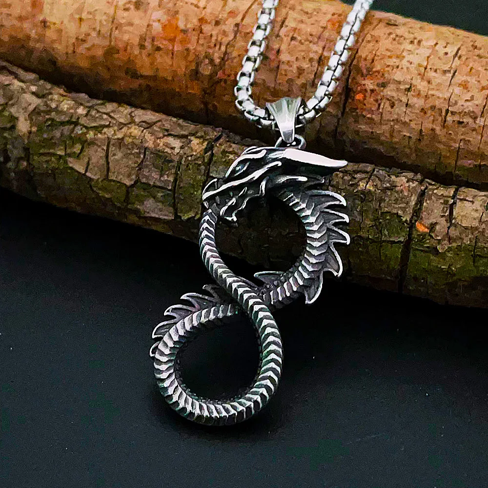 Vintage Viking Dragon Necklace Stainless Steel Men Norse Odin Viking Ouroboros Pendant Necklace Hip Hop Biker Jewelry