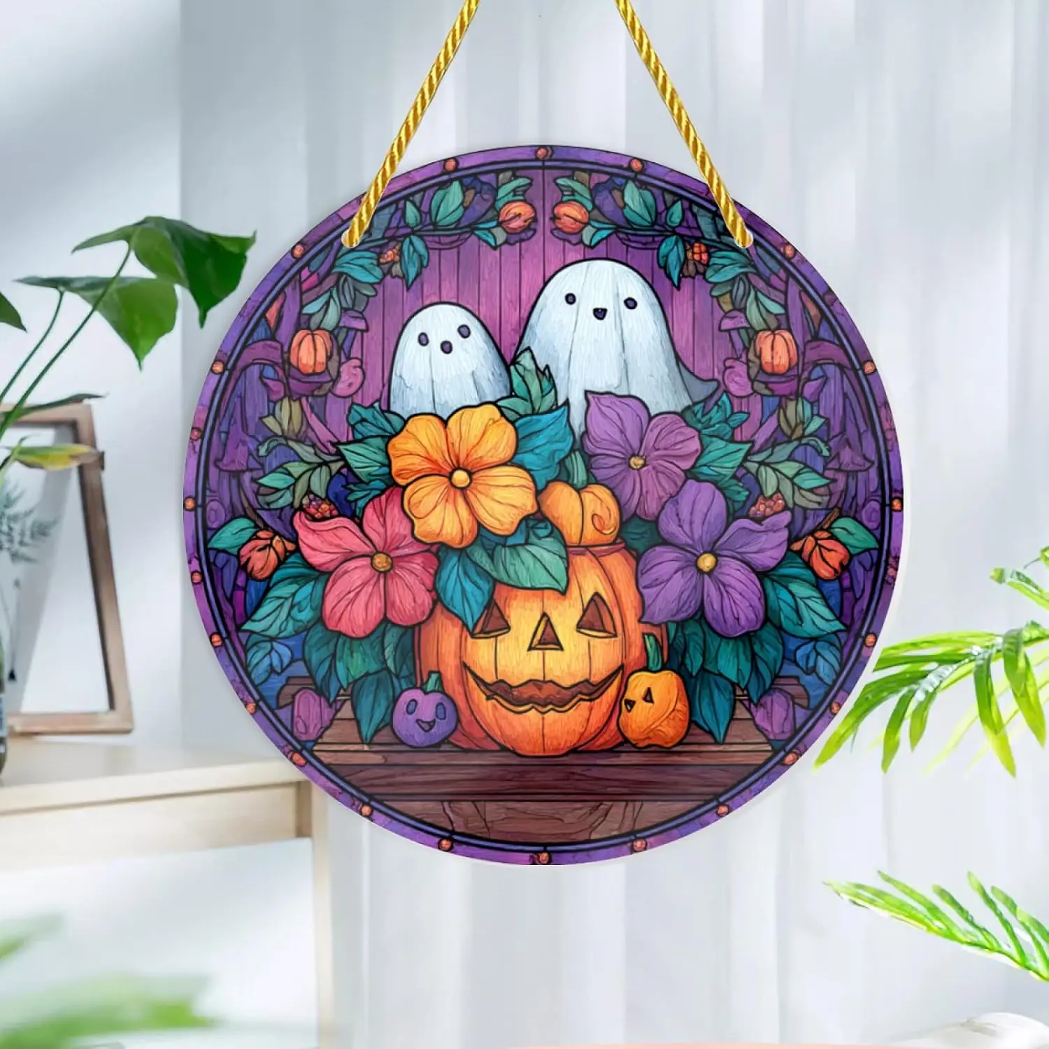 Floral Ghost Pumpkin Round Acrylic Hanging Sign, Colorful Fall Flower Wooden Background Halloween Indoor Wall Ornament