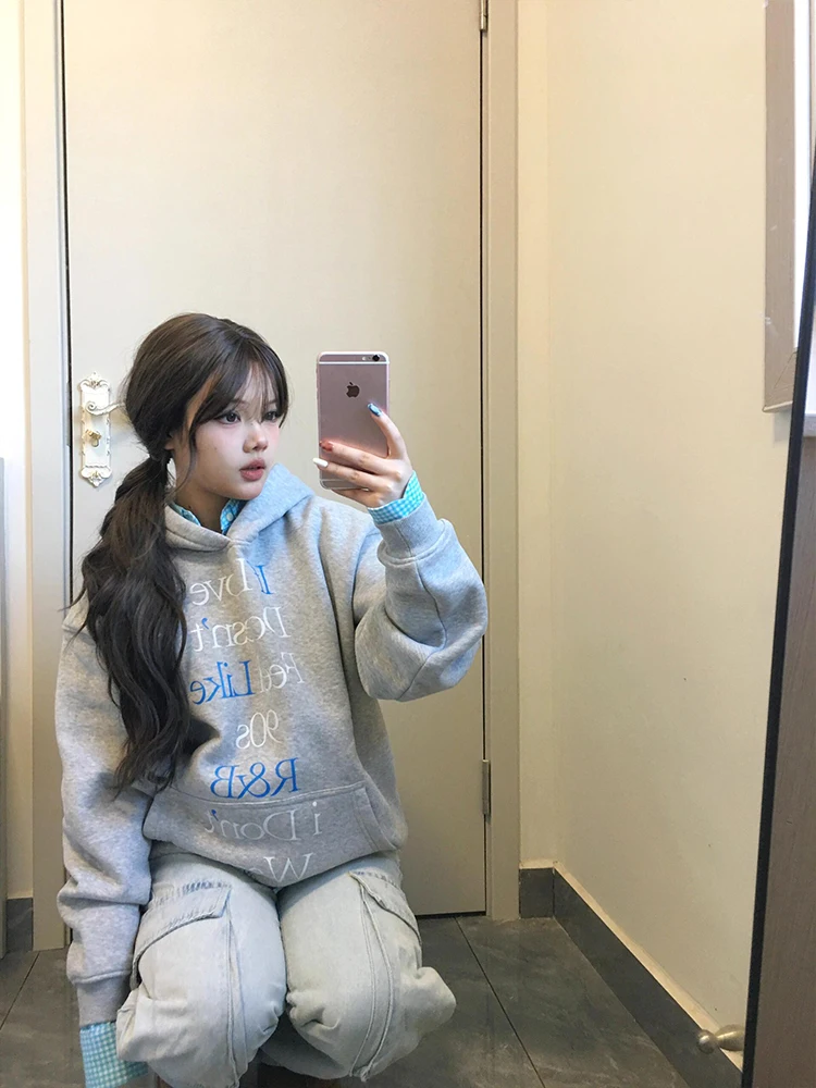 ey Oversize Hoodie Women's Spring Letter Print Loose Outerwear Chic Lazy American Sle Long Sve Commute Length Regular Fit