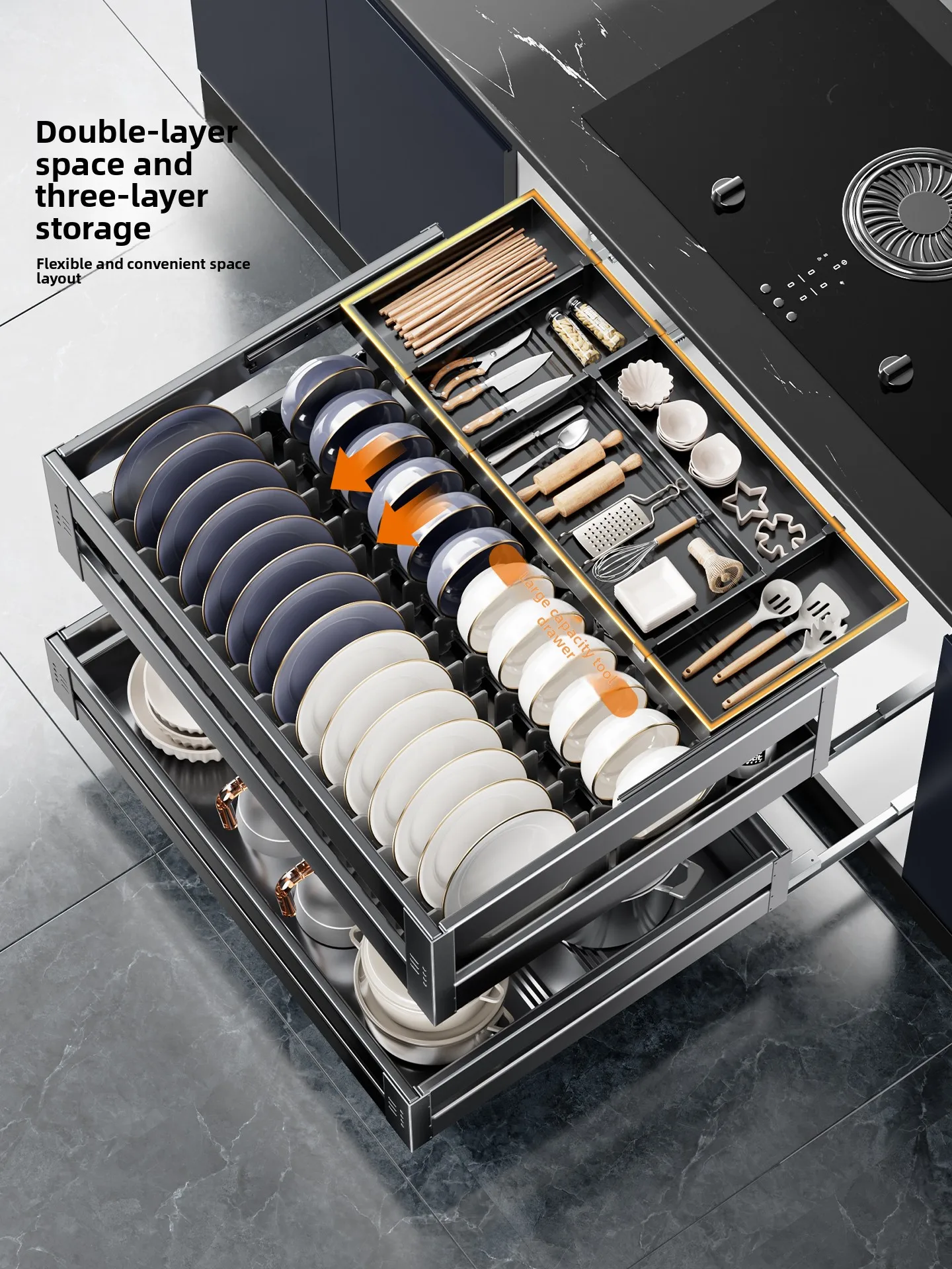 CX Kitchen Cabinet Pull Basket Seasoning Basket Drawer Stainless Steel Pot Storage Built-in Bowl Basket