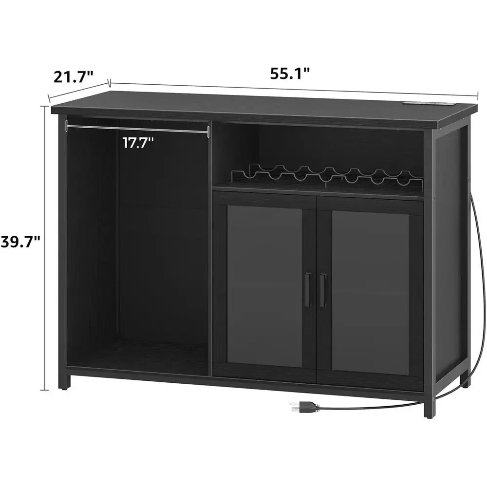 Mini Ridge Space Wine Bar Cabinet, Black Coffee Bar Cabinet with Liquor Storage Rack, Sideboard Buffet Table for Home Kitchen an