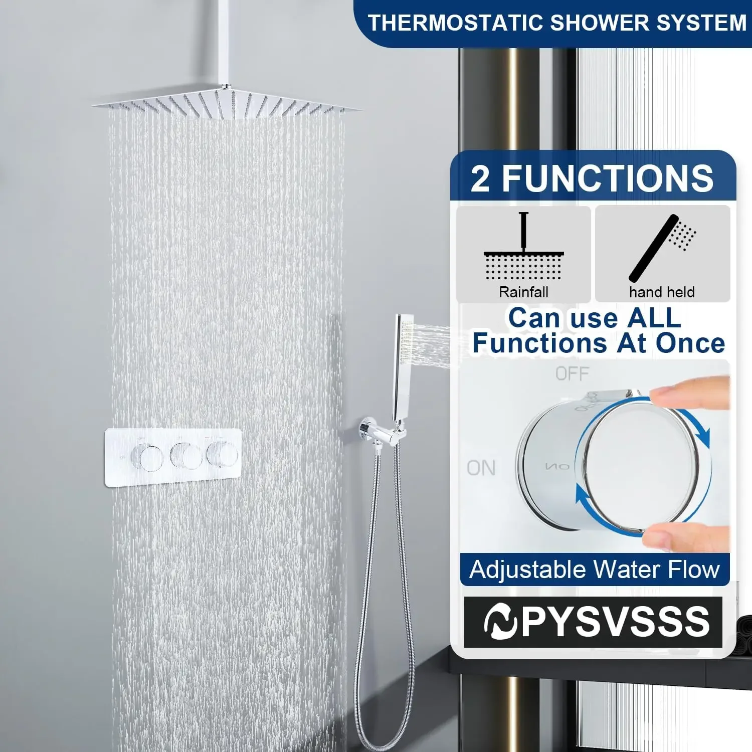 Fashion Concealed Bathroom Full Body Rain Shower System with Thermostatic Diverter Valve Control Flow