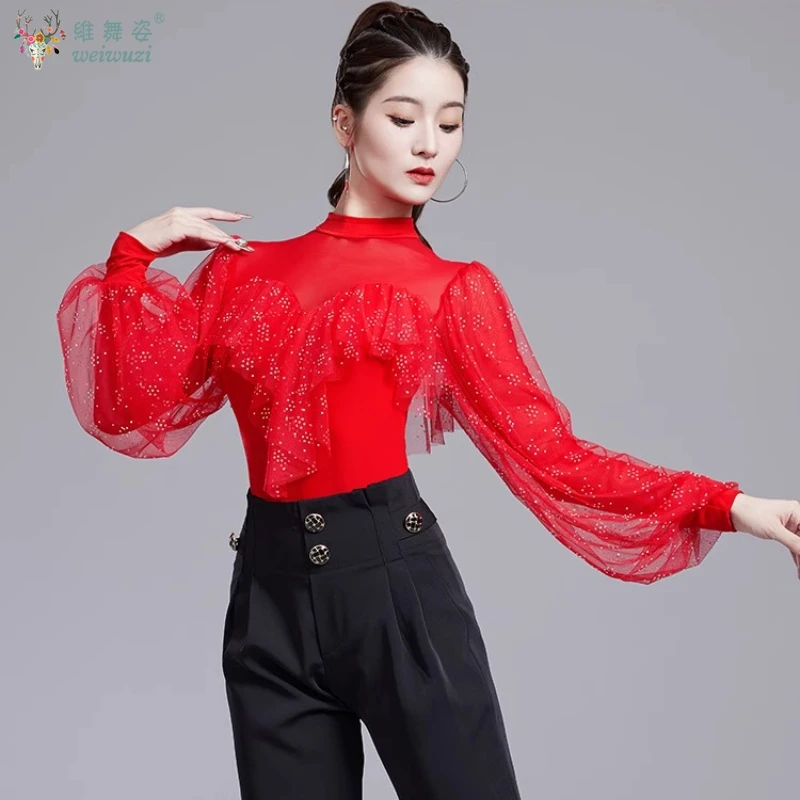 라틴 댄스 연습복 편안한 반소매 밝은 다이아몬드 탑 여성용 탱고 차차 의상 소셜 댄스 의류