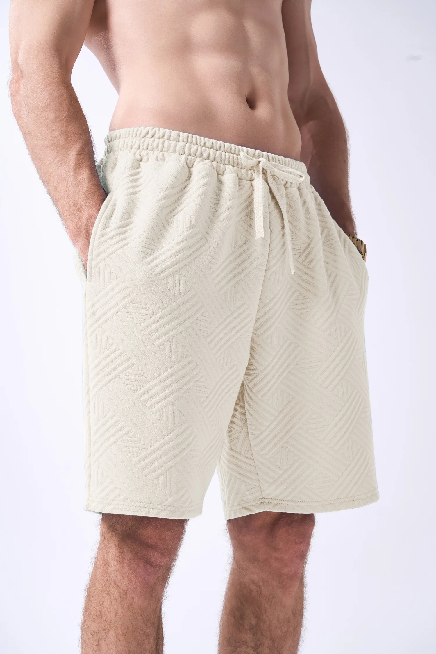 

Новые мужские повседневные шорты бежевого цвета с геометрическим тиснением, эластичным поясом и шнурком, спортивные шорты для повседневной носки