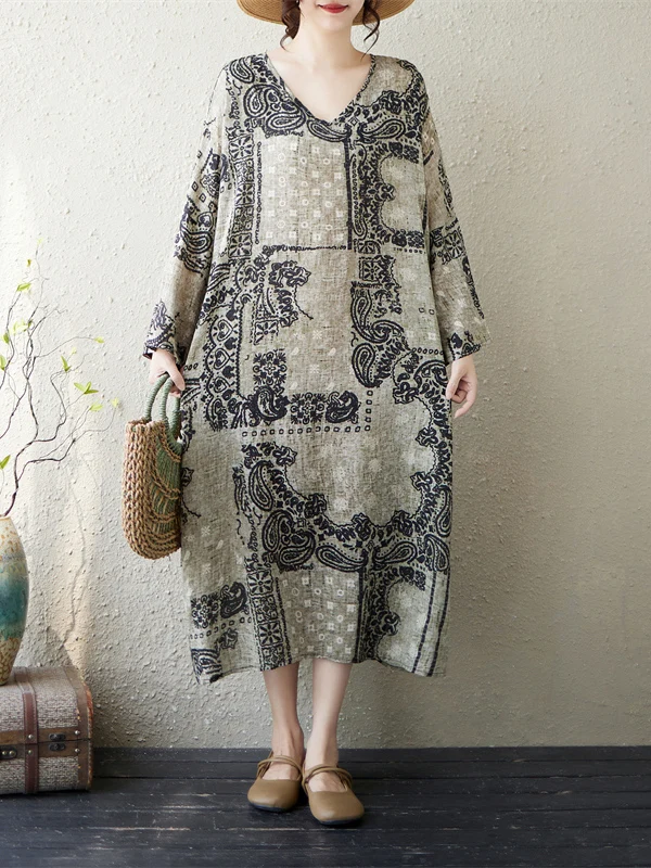 Loose V-Neck Midi Dress plus Size Women's Artistic Style Cotton Polyester Blend Long Sleeve City Walk Friendly Dress