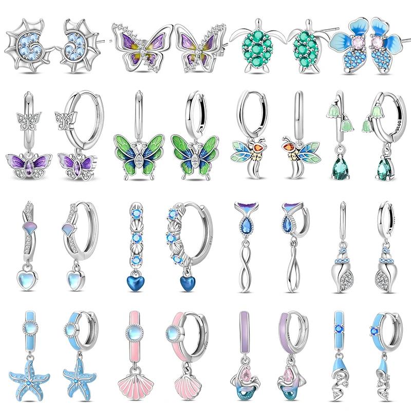 Stud Earrings For Women 925 Sterling Silver Colorful Starfish Shell Sparkling Butterfly Luxury Fine Jewelry Girl's Earring
