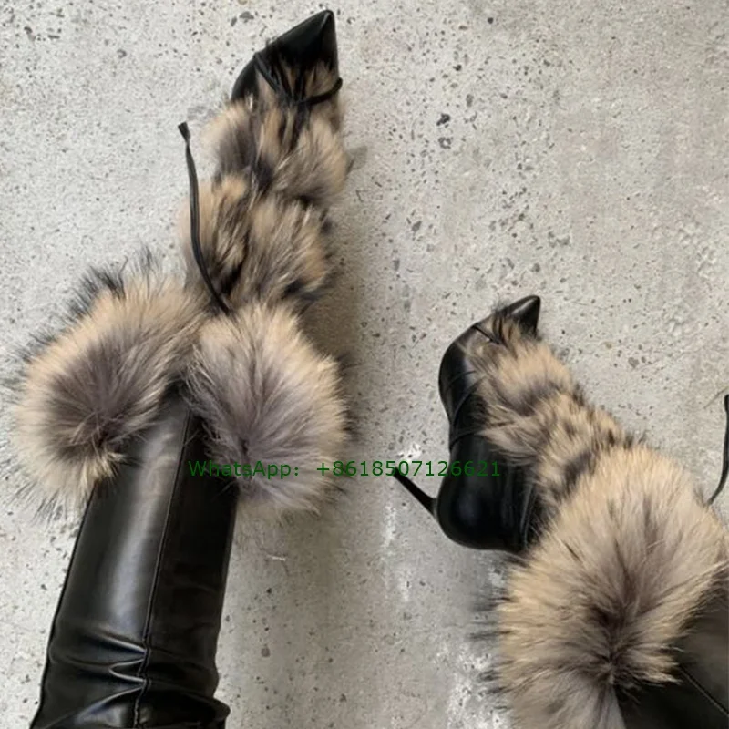 Black Pointed-Toe Furry Calf Boots Cross Strap Slip-On Warm Boots Stiletto Women\'s Shoes