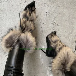 Black Pointed-Toe Furry Calf Boots Cross Strap Slip-On Warm Boots Stiletto Women's Shoes