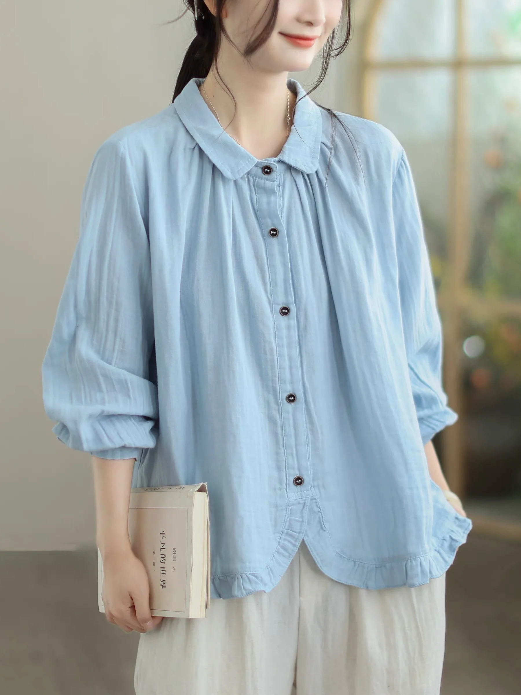 

Casual Cotton irt Women's Long Sve Pure Color Double Layer Lace Hem Spring Youthful Ele Outerwear irt Collar