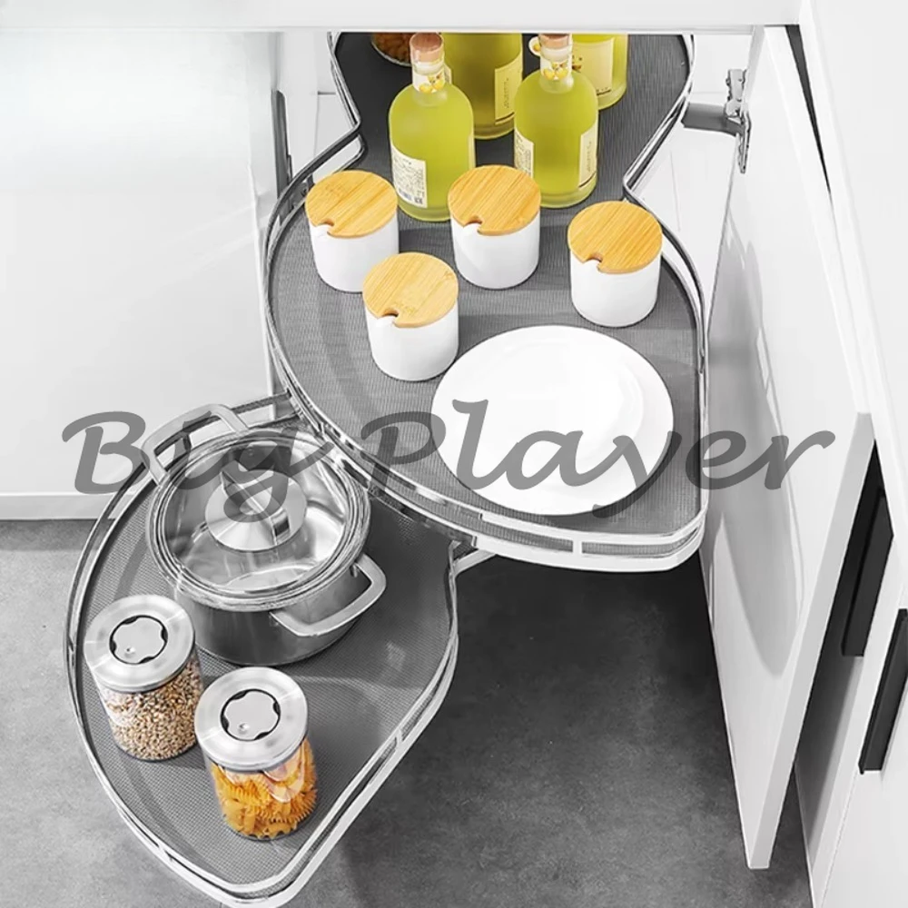 Space-saving kitchen cabinet blind corner solution with pull-out swing tray and modern magic corner drawer basket