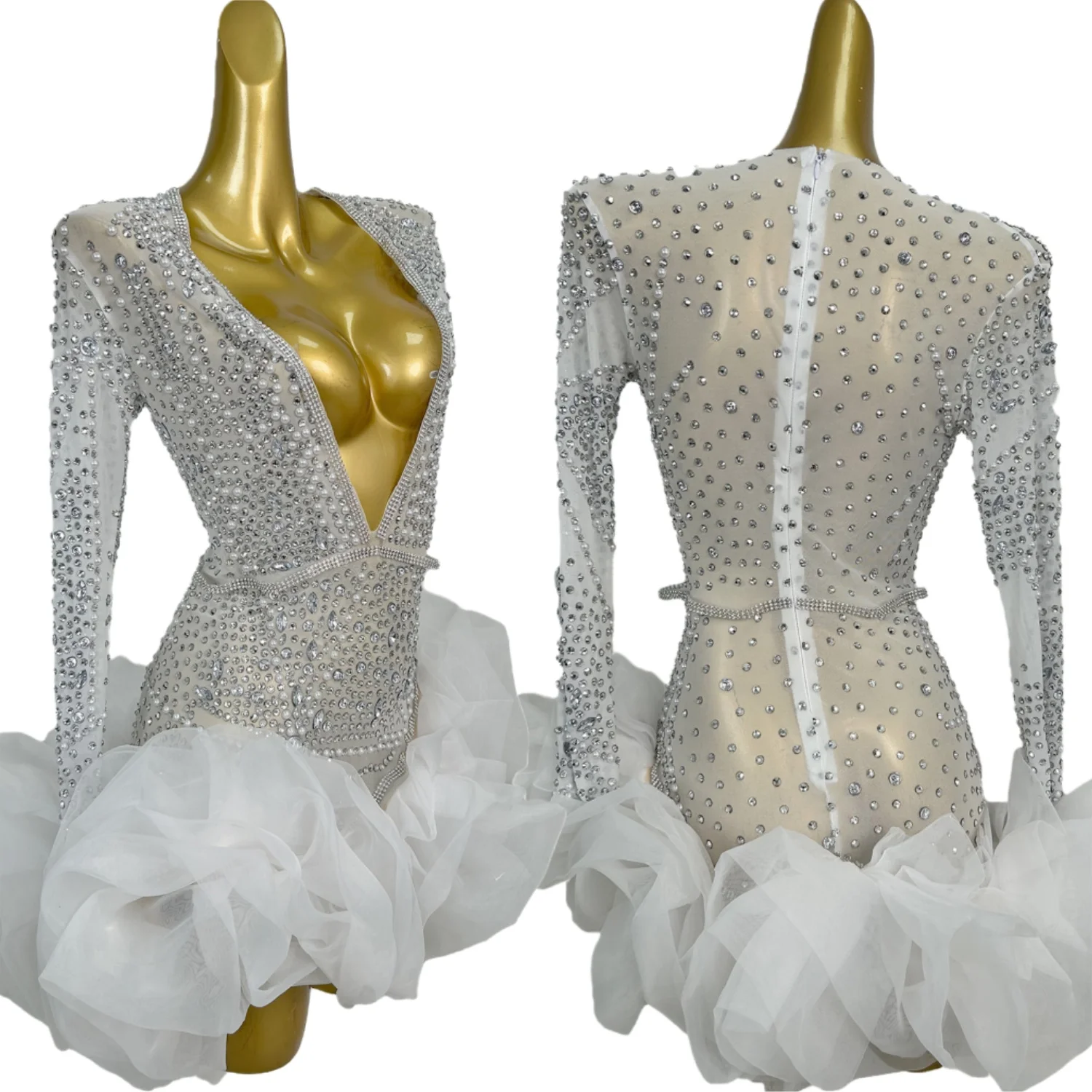 

Sparkly Rhinestone Deep V Neck tutu Dress Birthday Celebrate Party See Through Mesh White Mini Dresses gig Show Club Outfit Babi