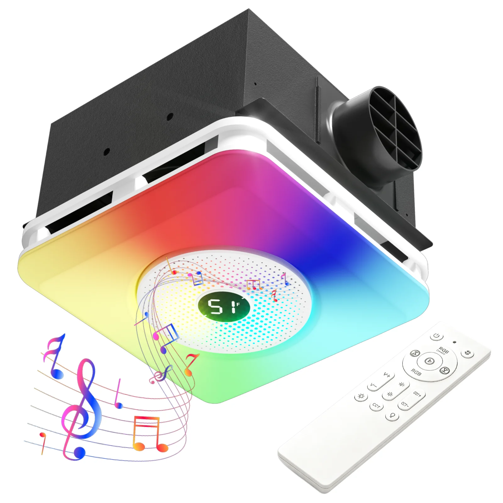 

Bathroom Exhaust Fan with Bluetooth Speaker & LED Light, 7-Color RGB & 3CCT Adjustable Light, Powerful 230 CFM /1.5 Sones, Digital Display, Remote Control, Wall Switch (White)