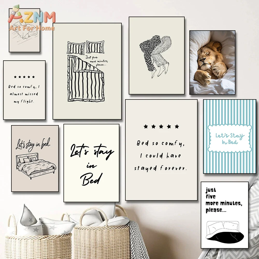 AZNM Minimalist Stay In Bed Quote Canvas Wall Art Print, Line Drawing Bed Lazy Lion Neutral Cozy Bedroom Aesthetic Decor Poster