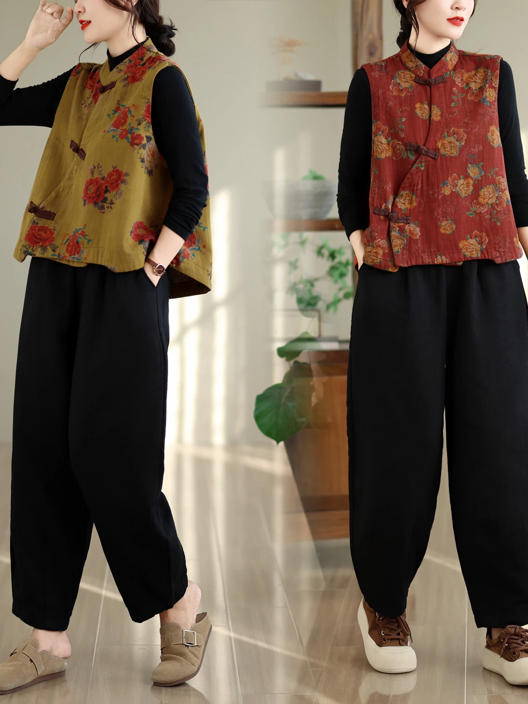Authentic Chinese Style Floral Print No-Sleeve Jacket Artistic Retro Versatile Top Women's Fashion Outerwear Casual Wear