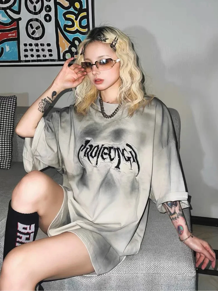 

Ailz Project G/R Distred Wa Spray Monkey Embroidery Letter ort Sve American Small Cro Trend Ins Summer Men's T-irt