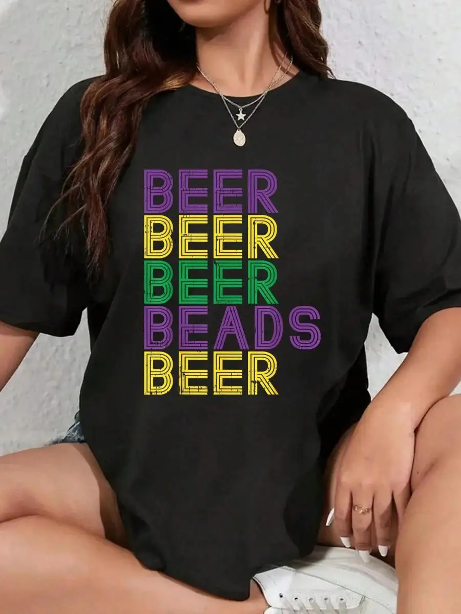 100_ Cotton Retro Beer Beads Funny Mardi Gras Party Carnival Men Women T-Shirt Men s Women s Soft Breathable Tee Classic Fashion Summer Tops