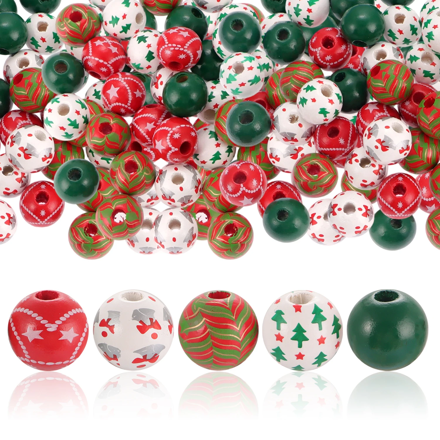 Weihnachtliche Bedruckte Holzperlen Rot Grün Weiß Baum Glocke Stern Muster Runde Holzperlen DIY Weihnachtsgirlande Ornament Basteldekoration