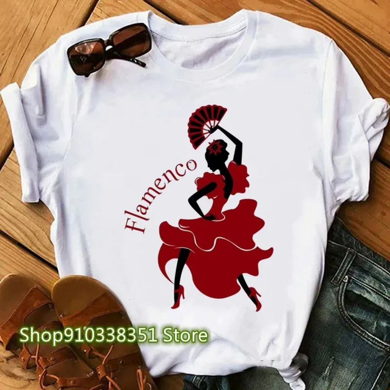 Women T Shirt Flamenco Art Print T Shirt Dancing Shirt for Lady Yong Girl Tee Tops Fashion T-shirt Harajuku White Short Sleeve