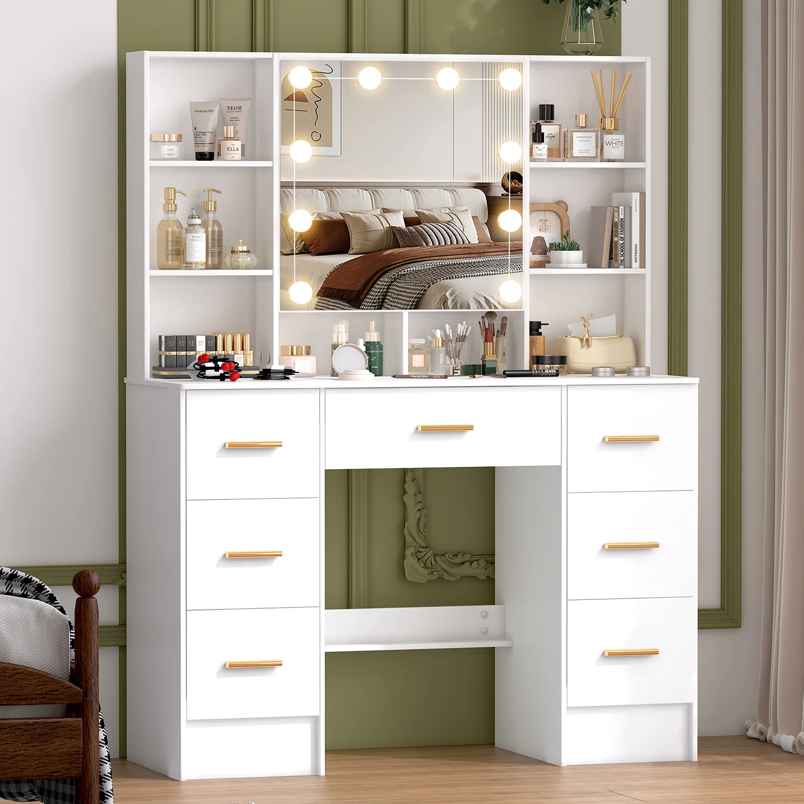 مكياج خشبي منخفض مع مرآة مضاءة: 3 أوضاع إضاءة وأدراج وأرفف منزلقة #1