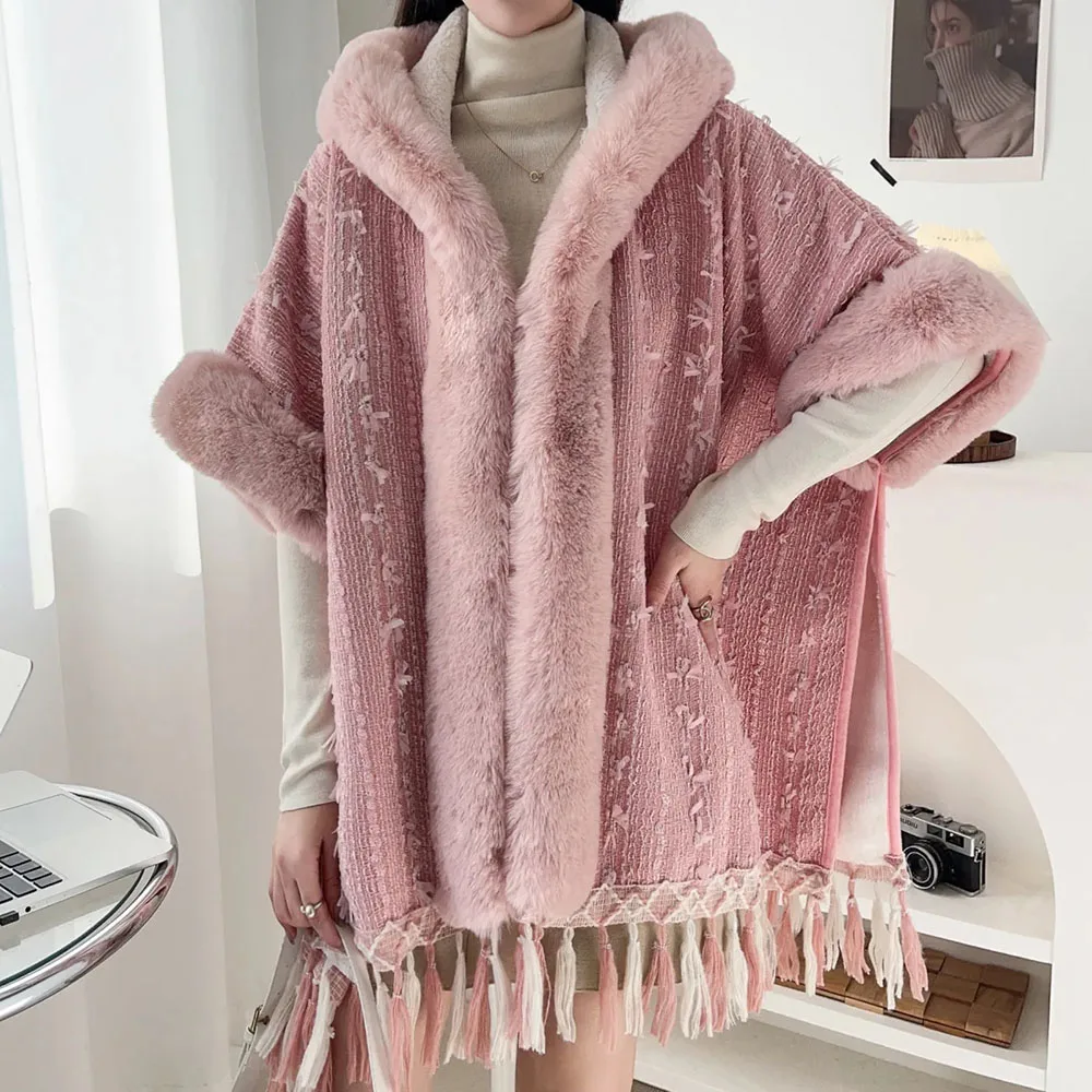 Cloak Jackets For Women Autumn/Winter Thick Fur Collar Hooded Poncho Ladies Butterfly Splice Tassel Capes Plush Warm Loose Shawl