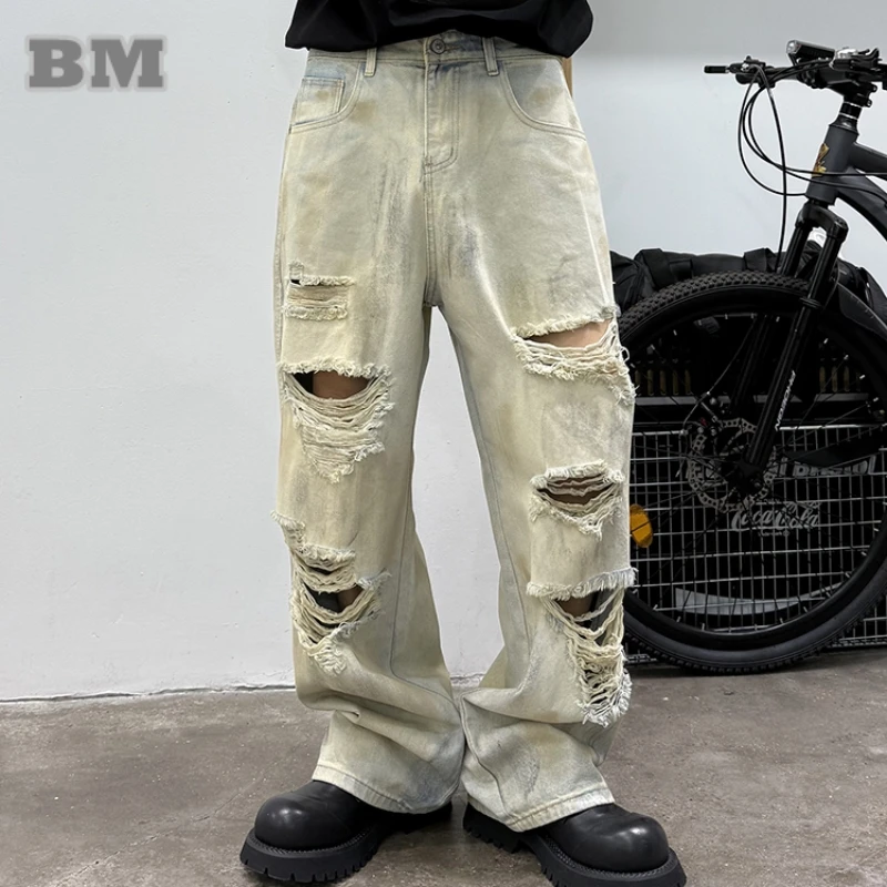 جينز أمريكي عتيق للرجال فضفاض مناسب مستقيم الساق من قماش الدنيم المتعثرة الكورية الهيب هوب شارع العليا ممزق ريترو عصري