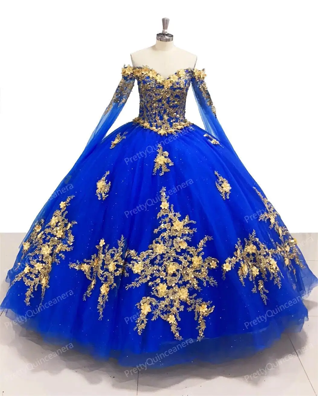 Robe de Quinceanera à manches longues personnalisée avec train court, fleurs 3D, robe de Rh, bleu royal et or, Off Initiated