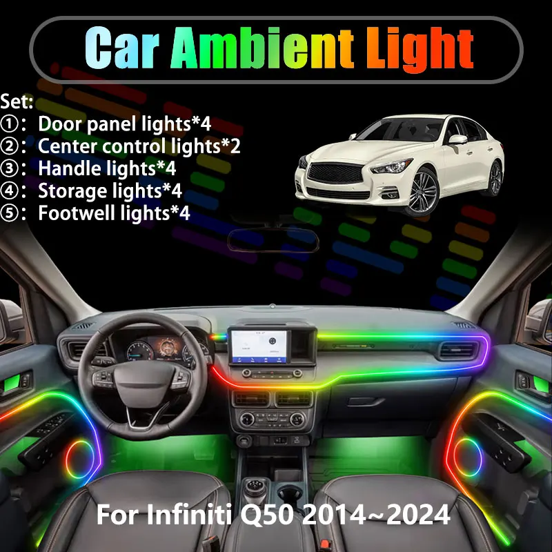 

For Infiniti Q50 2014~2024 V37 2015 2016 2/18 in 1 Car ambient lighting Led trunk interior led lights USB RGB Ensemble Streamer