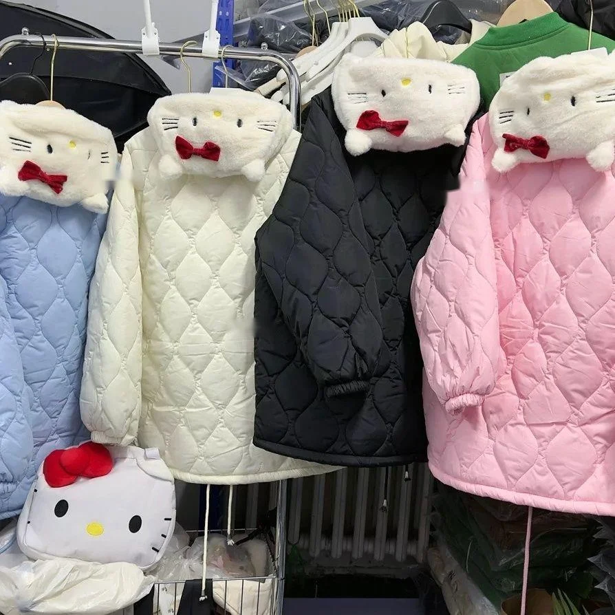 Sanrio Hello Kitty Simple Design Plaid Cotton Coat Detachable Hooded Cotton Padded Clothes Women Warm Loose Casual Cotton Jacket