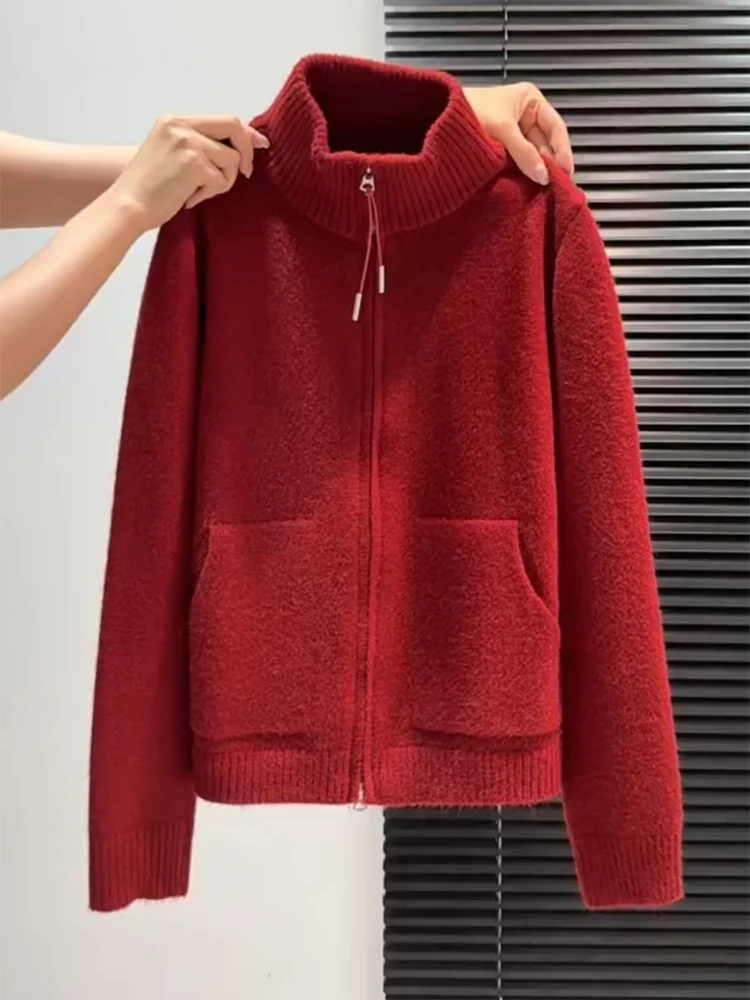 

Korean Sle Pure Color Stand Collar Knitted Open Cardigan Autumn Winter New Arrival plus Size Ele Versatile Anti Aging Top