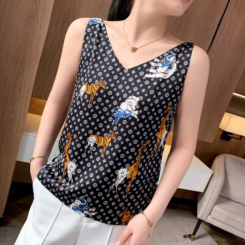 2023 Summer Women\'s Strap Silk Seamless Sports Top High Temperature Printed Sleeveless Sexy V-Neck T-Shirt Suit Office Wear