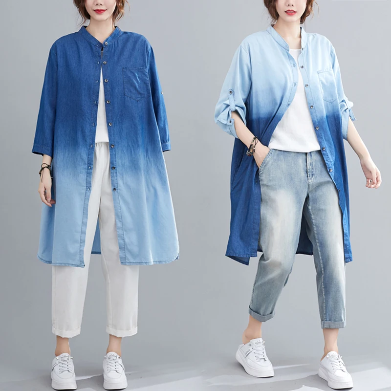 

aduated Waed Denim Sle Jaet plus Size Women's Clothing ket Nine Sve Button Stand Collar Mid-Length Open Cardiga...