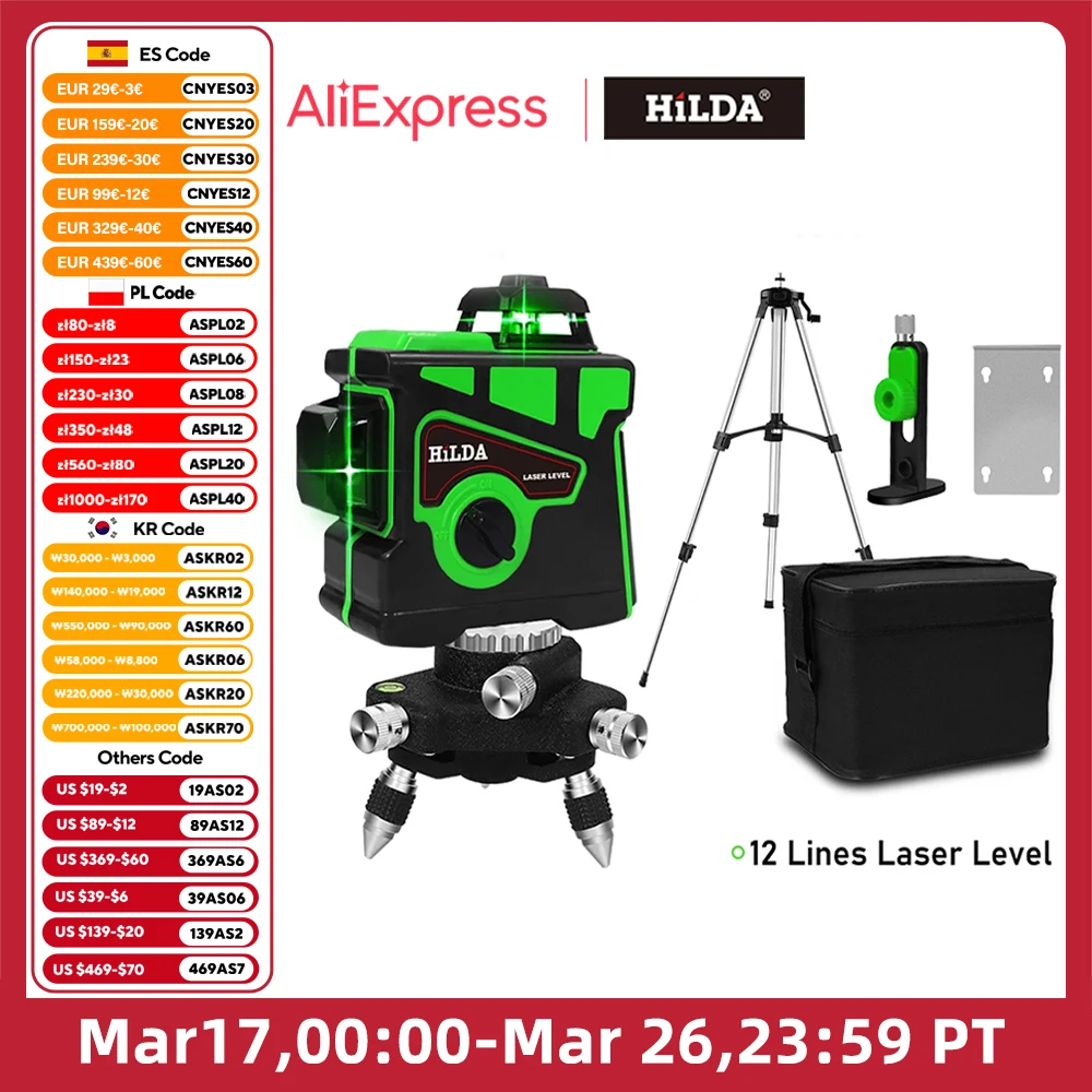 HILDA Laser-Wasserwaage, 12 Linien, 3D-Wasserwaage, selbstnivellierend, 360° horizontal und