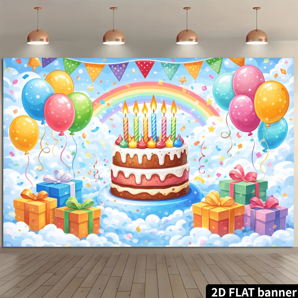 2D plane rainbow birthday cake themed background fabric, multi-layer cream birthday cake, colorful candles