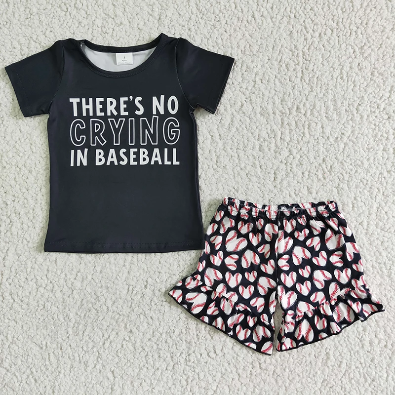 Wholesale Baby Girl There\'s No Crying In Baseball Summer Set Game Ball Black Top Clothes Shirt Kids Love Shorts Children Outfit