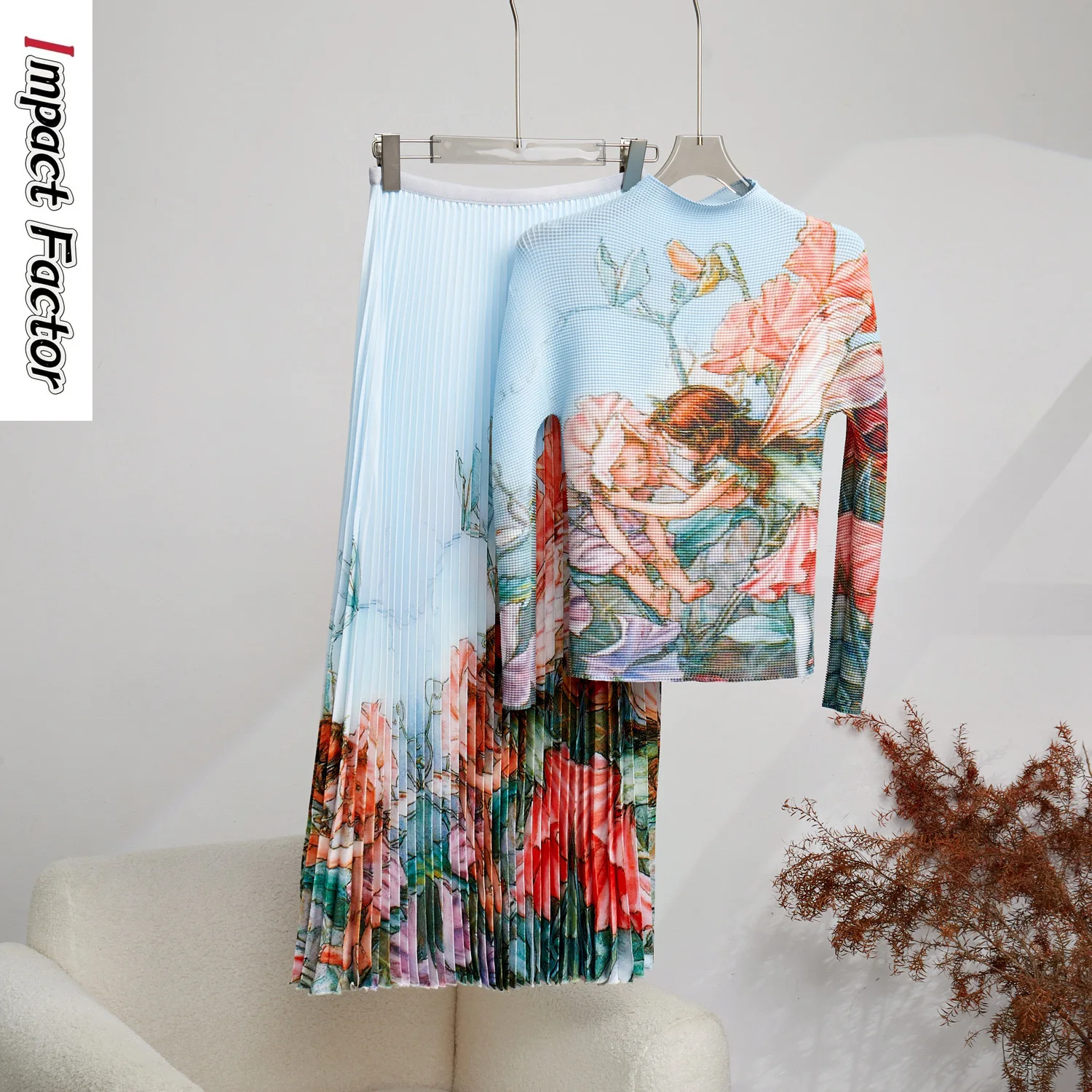 

2024 Miyake Spring and Autumn Pleated Print Two Piece Set Casual Round Neck Long Sleeved Top+Pressed Pleated Long Skirt