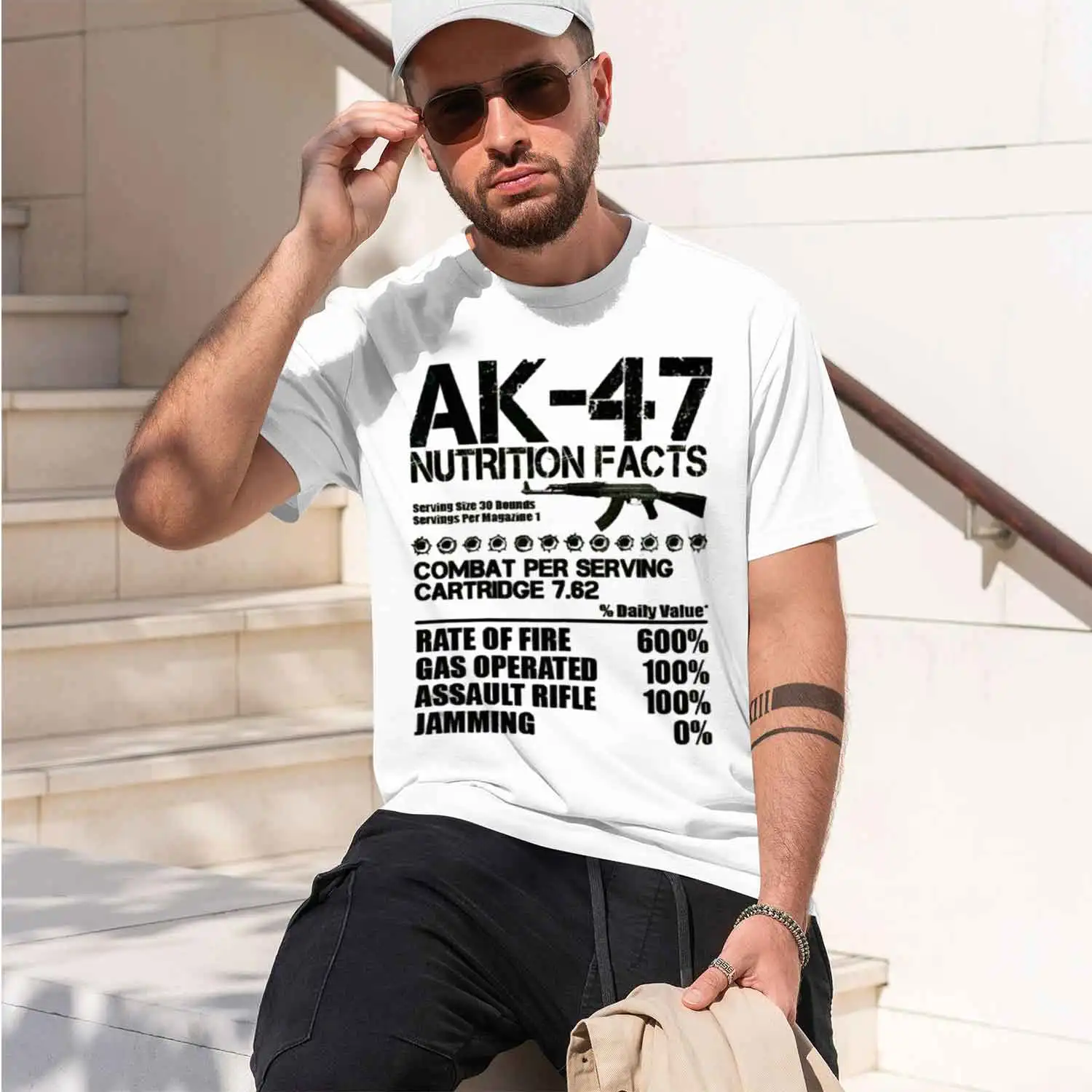 Military Style Men's T-Shirt AK-47 Nutrition Facts Graph Design For Casual Wear And Outor Activities Perfect Gift For Gun Enthus