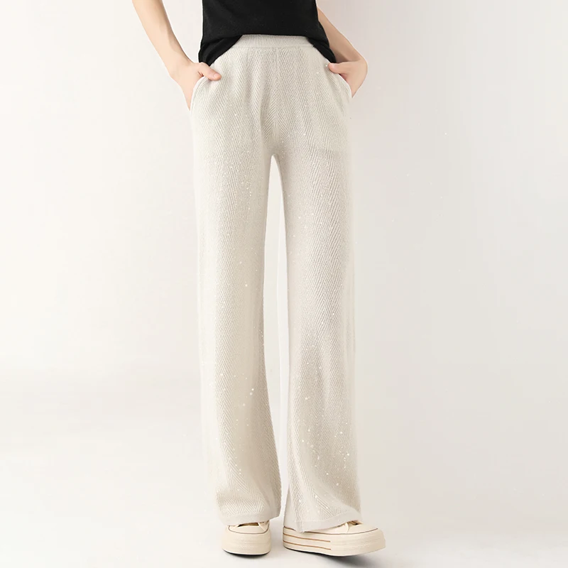 2024 New Wool Women's Pants High Waist Loose Cashmere Floor Pants Knitted Thickened Fashion Hot Selling Women's Pants