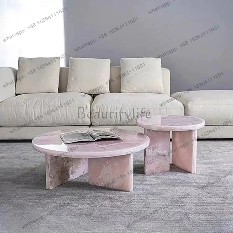 

LXTavolino da caffè italiano leggero di lusso in marmo naturale rosa tavolino combinato con bordo rotondo per piccoli appartamen