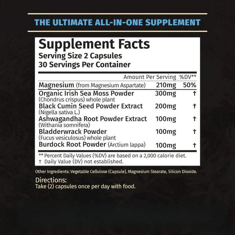 Irish Seaweed Contains Black Seed Oil, South African Eggplant, and Black Pepper, Used for Endurance, Strength, and Endurance