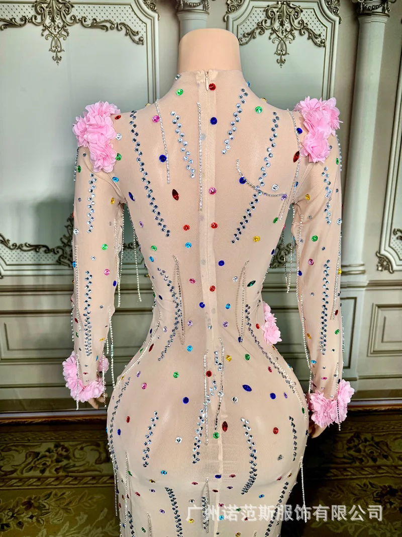 Fashion Flower Color Hot Diamond Mesh Split Dress Evening Dress Party Clothing Car Model Performance Clothing Abendkleider Luxus